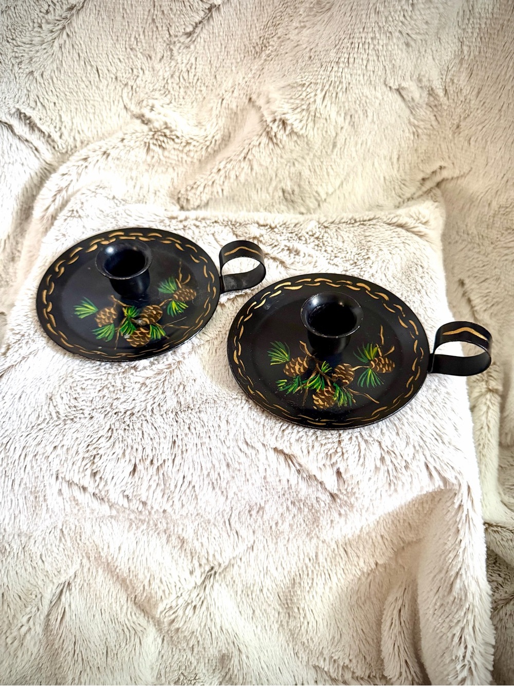 Black Hand-Painted Pinecone Chamberstick Candle Holders - Pair